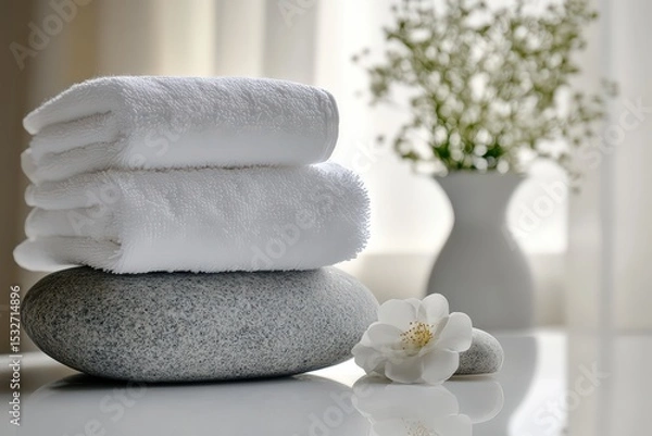 Fototapeta  Folded white towels on smooth stone, delicate flower beside vase with tiny blossoms, cozy light, serene home spa vibe