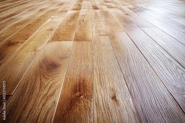 Fototapeta  Close-up of wood flooring, smooth polished planks with light tone, natural textures and subtle reflections across empty indoor space
