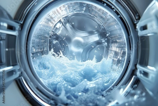 Fototapeta  Washing machine interior with water splash, drum mid-cycle in motion, reflecting metallic finish and active detergent bubbles inside
