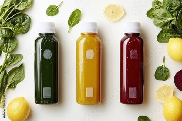 Fototapeta  Juice bottles with lemon, spinach, beet, top view of three detox beverages with fresh ingredients arranged on white background