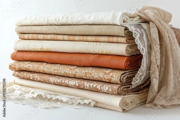 Fototapeta  Folded fabric in neutral tones, stack of lace rolls with beige, cream, ivory, and terracotta colors for decorative textile creations