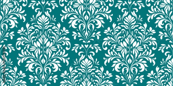 Fototapeta Teal and White Damask Floral Pattern, clothes fabric background design, seamless floral elegant damask pattern, featuring swirling, Ceramic floral tiles vector design, wall art decoration.
