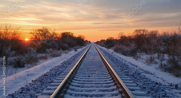 Fototapeta A railroad track stretches into the distance against a vibrant sunset sky, Generative AI.
