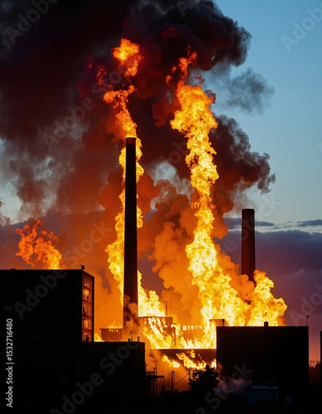 Fototapeta A dramatic scene unfolds at an industrial site where flames and smoke billow from a factory chimney, creating a striking contrast against the evening sky 