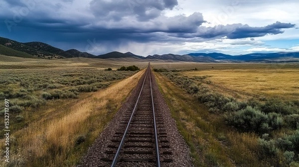 Fototapeta A tranquil landscape features a railway track stretching into the distance, framed by fields and mountains under a dramatic sky filled with storm clouds that enhance its allure.