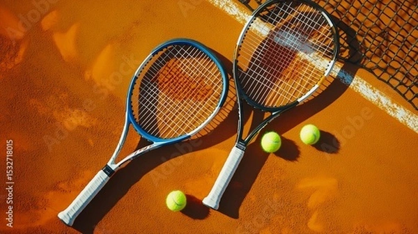 Fototapeta Tennis rackets and balls on a clay court, capturing the essence of sport and recreation, perfect for illustrating athleticism or leisure in an energetic environment.