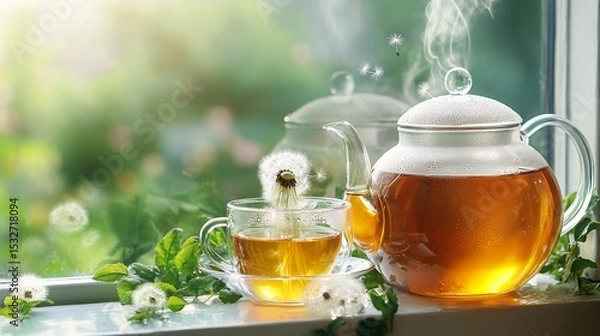Fototapeta A tranquil scene featuring a steaming teapot and a cup of aromatic tea beside dandelion flowers, set against a sunlit window that illuminates nature's beauty.