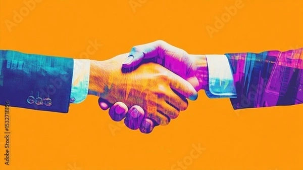 Fototapeta Vibrant handshake illustration emphasizing partnership and business collaboration, showcasing modern techniques in visual communication and creative design for professional settings.