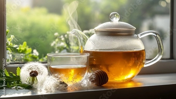 Fototapeta A tranquil moment captured: a stylish teapot pours warm herbal tea into a glass cup, surrounded by delicate dandelions, symbolizing comfort and relaxation in nature.