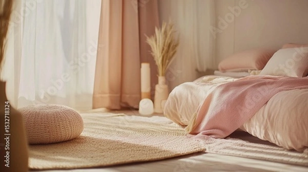 Fototapeta A serene and stylish bedroom captures the essence of modern decor with soft pink hues, natural light, and minimalist furnishings, creating a cozy atmosphere for relaxation.