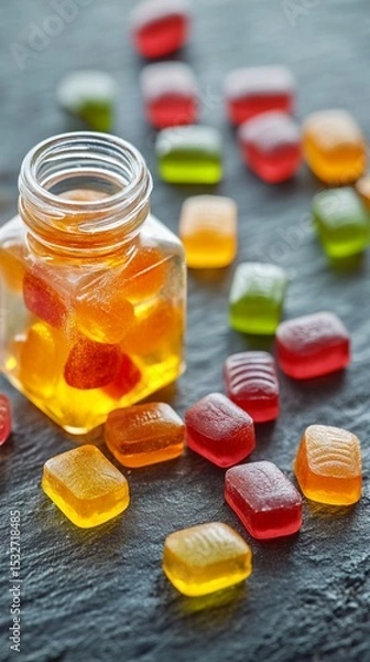 Fototapeta Colorful gummy candies spilling out of a glass jar, showcasing vibrant hues of orange, red, and green, perfect for sweet treat lovers and candy enthusiasts alike.