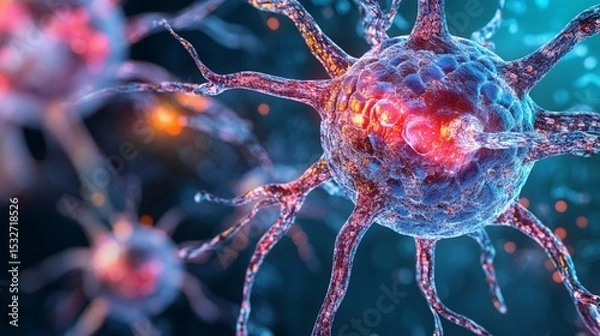 Obraz Caption: This vibrant illustration showcases a close-up view of neurons, emphasizing their intricate structures and the connections that facilitate communication within the brain and nervous system.