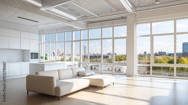 Fototapeta Sunny modern living space with large windows showcasing a stunning city view, perfect for contemporary lifestyle imagery that inspires interior design enthusiasts.