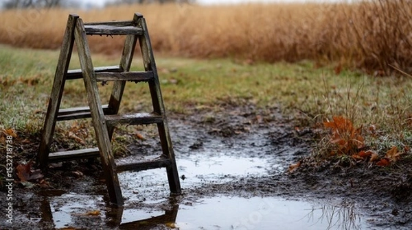 Fototapeta A rustic wooden ladder stands in a muddy area surrounded by tall grasses, reflecting a serene yet mysterious atmosphere of nature, perfect for evocative storytelling.