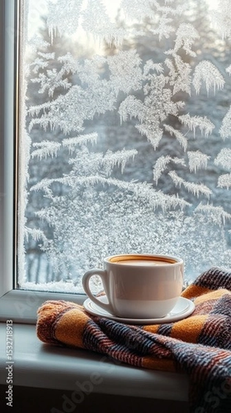 Fototapeta Cozy winter scene featuring a warm cup of coffee placed on a colorful blanket by a frosty window, overlooking a snowy landscape, perfect for relaxation and comfort.
