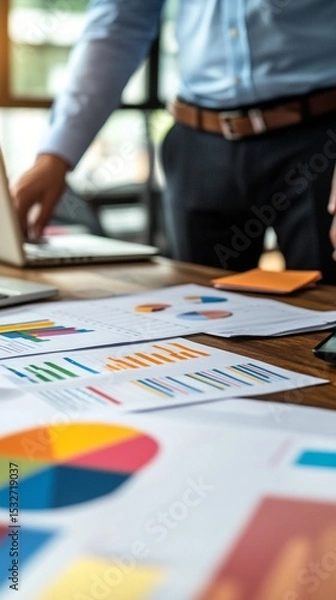 Fototapeta Visual data analysis reveals an engaging workspace, showcasing colorful charts and graphs that reflect strategic planning and informed decision-making processes.