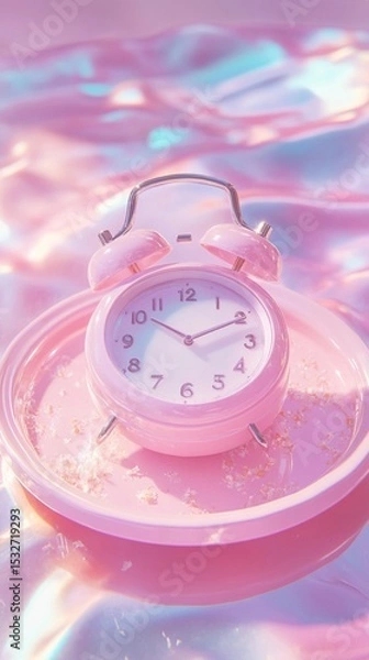 Fototapeta A retro pink alarm clock sits on a shimmering surface, reflecting colorful hues, evoking a sense of nostalgia and charm, perfect for aesthetic themes and time-themed projects.