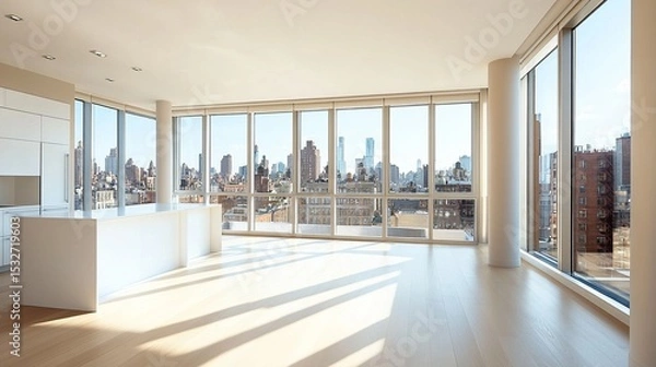 Fototapeta Modern apartment interior with panoramic city views, featuring large windows that allow ample natural light to illuminate the stylish design and open space.