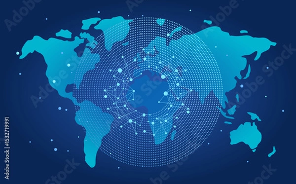Fototapeta Quantum abstract circles background for global data concept, blue tones connected dots sphere lines wireframe pattern and a world map behind, concept of data science, technology, ai