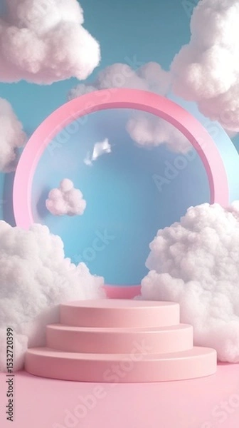Fototapeta A whimsical pink portal amidst fluffy clouds offers a dreamy backdrop for editing or design projects, evoking creativity, adventure, and a sense of wonder in the viewer's mind.