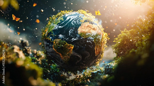 Fototapeta Close up of earth globe with vegetation and butterflies floating in a bright environment