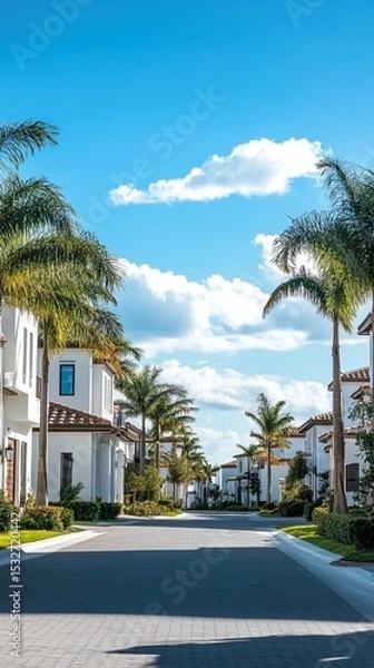 Fototapeta A beautiful residential street lined with palm trees under a bright blue sky, showcasing modern homes and exquisite architecture that reflects luxury living and tranquility.