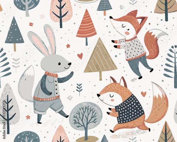Fototapeta Seamless Scandinavian Animal Vector Illustration – Cute Hand-Drawn Background with Forest Creatures and Nordic Style