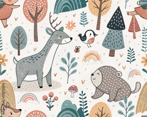 Fototapeta Seamless Scandinavian Animal Vector Illustration – Cute Hand-Drawn Background with Forest Creatures and Nordic Style