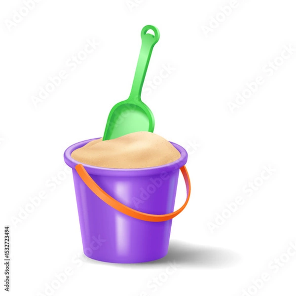 Fototapeta Illustration of a vibrant purple bucket filled with sand and a green shovel. Bright colors evoke fun and playful beach or sandbox activities for children.