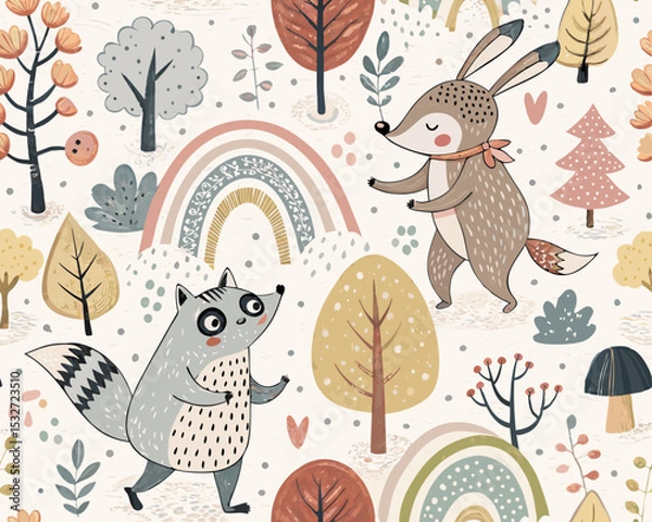 Fototapeta Seamless Scandinavian Animal Vector Illustration – Cute Hand-Drawn Background with Forest Creatures and Nordic Style