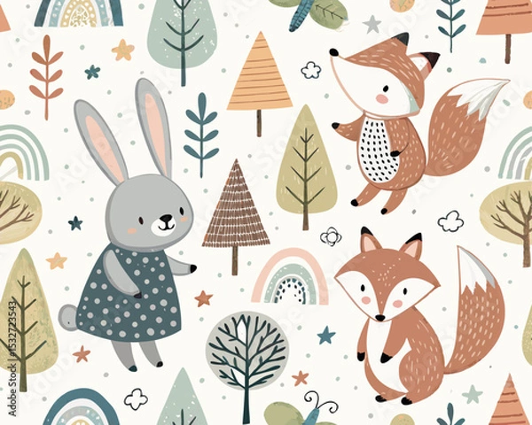 Fototapeta Seamless Scandinavian Animal Vector Illustration – Cute Hand-Drawn Background with Forest Creatures and Nordic Style