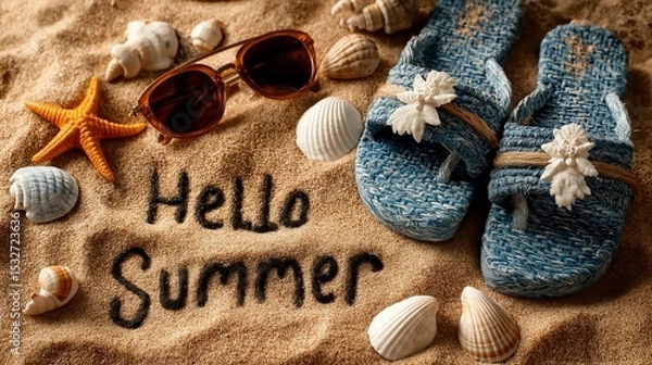 Fototapeta Beach Items on Sand with Hello Summer Text – Flip-Flops, Sunglasses, Shells, Sunny Vacation Vibes, Fun Seasonal Mood, Travel and Lifestyle Concept, Summer Essentials