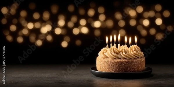 Obraz Minimalist Birthday Cake with Eight Burning Candles and Creamy Yellow Frosting Against a Moody Bokeh Background