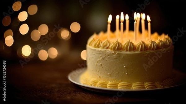 Obraz Minimalist Birthday Cake with Eight Burning Candles and Creamy Yellow Frosting Against a Moody Bokeh Background