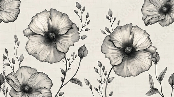 Obraz Monochrome floral line art pattern on beige fabric background.