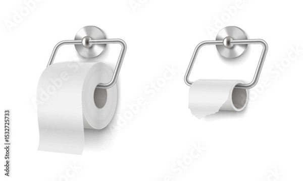 Fototapeta Realistic illustration of a full and an almost empty toilet paper roll. White and gray tones. Highlights bathroom essentials, paper usage, hygiene. Perfect for cleaning products.