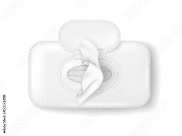 Fototapeta Open white wet wipes package in a realistic style. Seen from top perspective with soft shadows. Essential for personal hygiene and cleaning purposes.