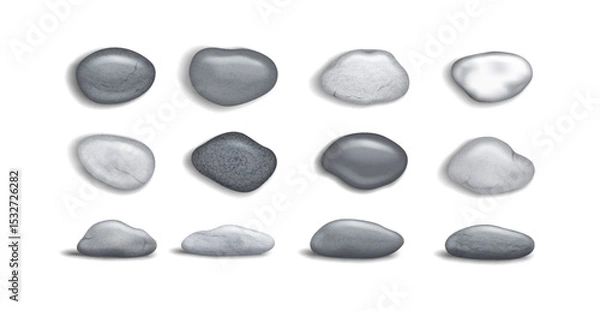 Fototapeta Collection of smooth gray stones in different shapes and sizes. Each stone is isolated on a white background. Ideal for design, background, and relaxation themes.