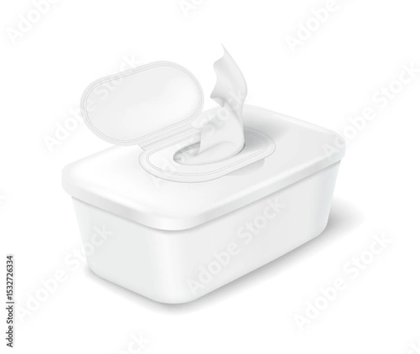 Fototapeta Plastic container with open lid and a tissue emerging. Realistic style in white color. Represents convenient hygiene product usage in household settings.