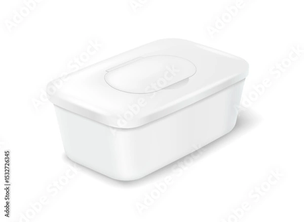 Fototapeta 3D illustration of a white plastic container with a secure lid, used for storing wipes or small items. Minimalist design in crisp white on a plain background.