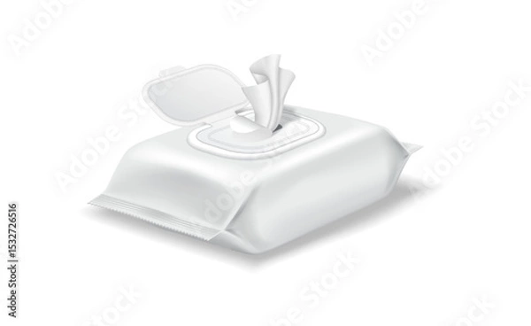 Fototapeta Illustration of a pack of wet wipes with an open lid in a realistic style. The design is predominantly white, emphasizing cleanliness and hygiene, ideal for healthcare products.