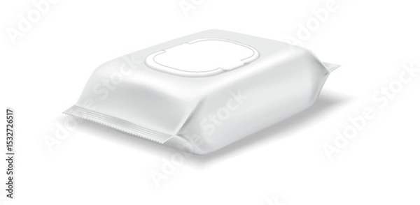 Fototapeta 3D illustration of wet wipes packaging, white and gray tones, represents hygiene and cleanliness, suitable for personal care products. Isolated on white background.