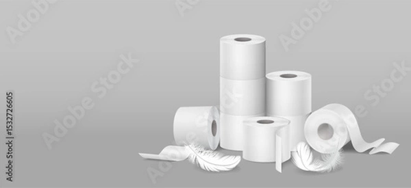 Fototapeta Illustration of white toilet paper rolls stacked neatly. Soft feathers surrounding them. Set against a plain grey backdrop. Represents cleanliness and softness.