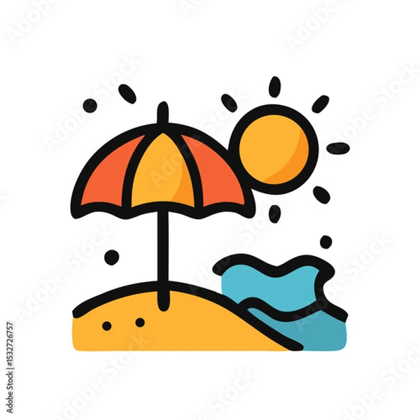 Obraz A beach scene with a sun umbrella, ocean waves, and a bright sun, ideal for representing tropical vacations or relaxation.