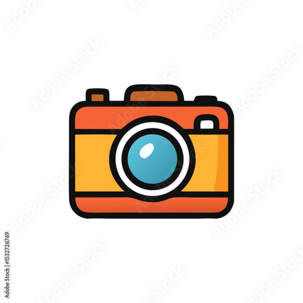 Obraz An orange and yellow camera with a blue lens, perfect for travel photography, blogging, or memory capturing themes.