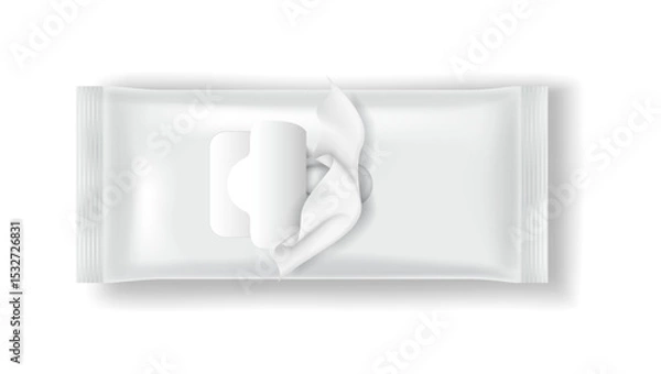 Fototapeta Realistic illustration of white wet wipe packaging with an open lid. Clean and simple design. Perfect for hygiene and personal care products. White background enhances the minimalist style.