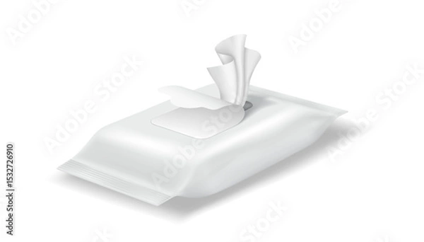 Fototapeta Realistic illustration of a pack of wet wipes. White packaging with a partially open lid. Ideal for hygienerelated designs. Minimalist style.