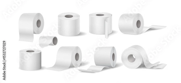 Fototapeta Set of realistic toilet paper rolls in various positions. White, clean, and detailed. Perfect for bathroom product mockups and advertisements. Against a plain background.