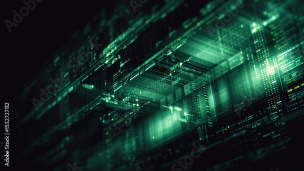 Obraz Futuristic network simulation blending AI, quantum physics, and deep learning, with a particle matrix analyzing data in a sleek, background animation display