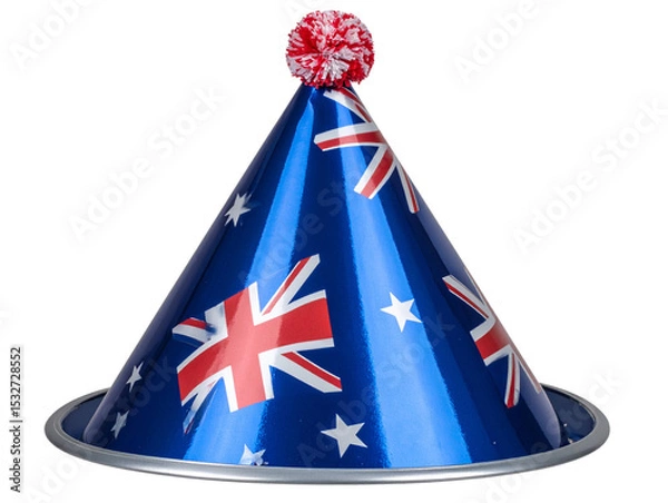 Fototapeta  Glossy party hat in blue with a small red-and-white pom-pom on top, decorated